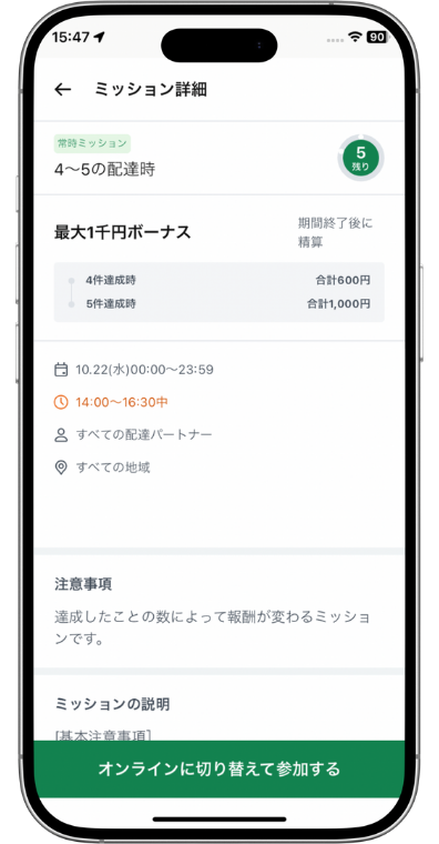 ロケットナウ配達員のミッションインセンティブ報酬、ランチタイム終わりの14:00〜16:30に来たミッションで、4件配達で600円、5件達成で+400円の合計1600円もらえる常時ミッション