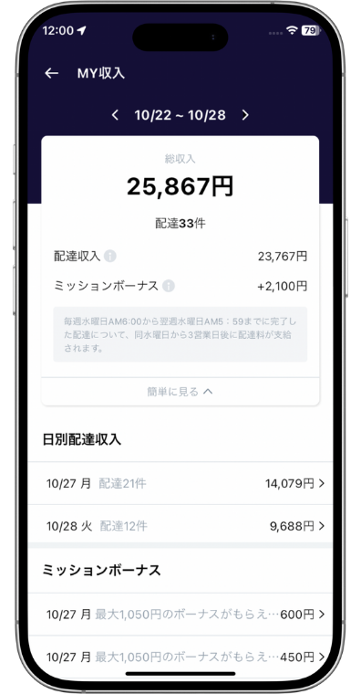 ロケットナウ配達員の報酬データ107件20251113_4(稼いだ配達報酬25,867円)